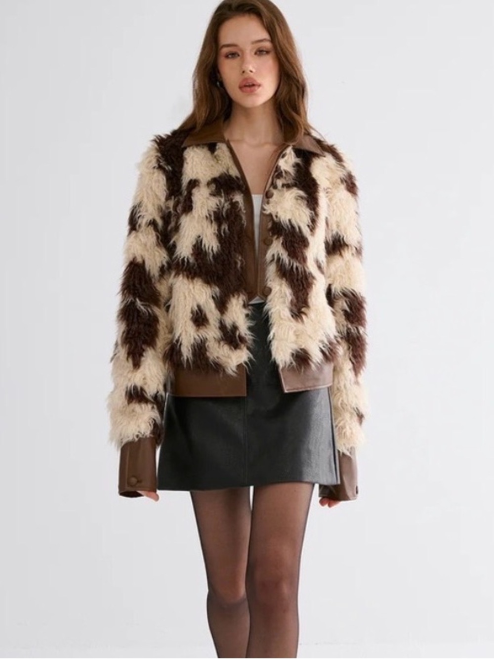 NWT commence Faux Fur Patchwork Jacket - Brown & Cream